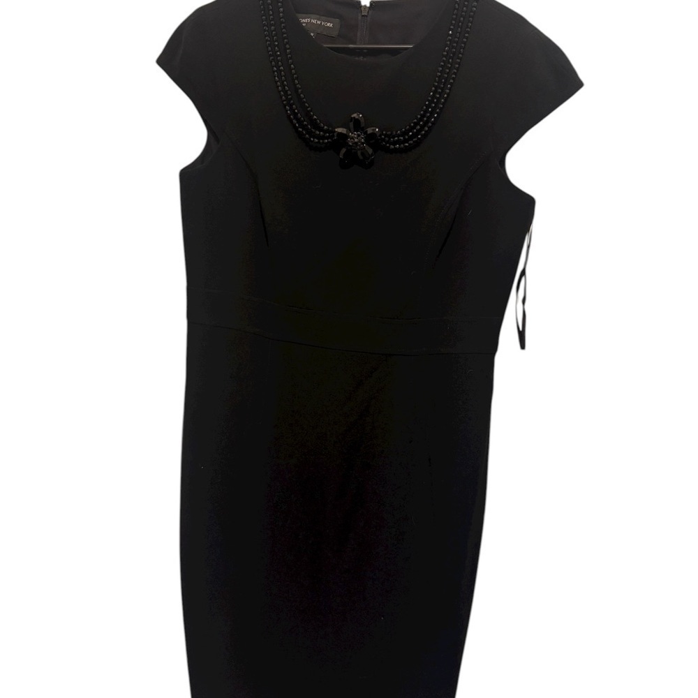 Jones New York Classic Black Midi Dress with attached beaded necklace